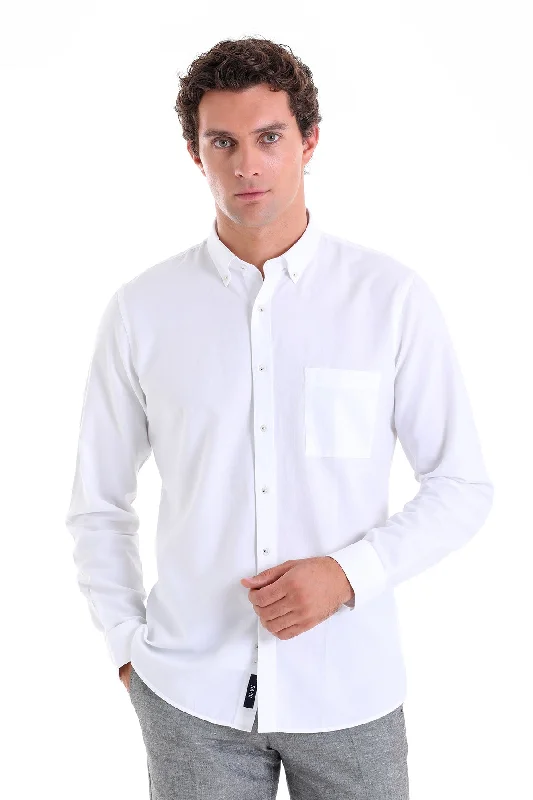 Comfort Fit Long Sleeve Plain Oxford Cotton Casual Shirt, White