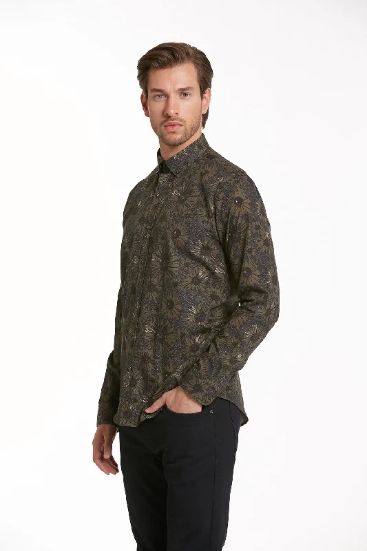 Comfort Fit Long Sleeve Printed Cotton Casual Shirt, Khaki B.2