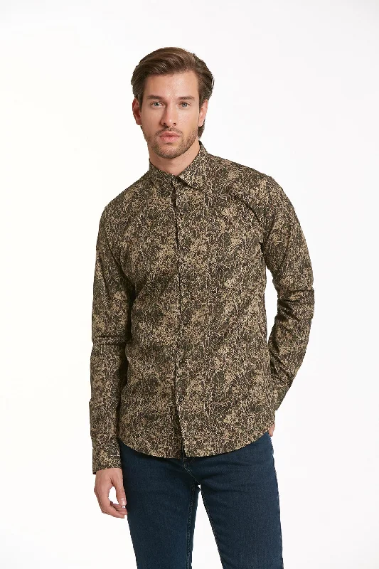 Comfort Fit Long Sleeve Printed Cotton Casual Shirt, Khaki B.