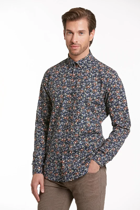 Comfort Fit Long Sleeve Printed Cotton Casual Shirt, Orange B.