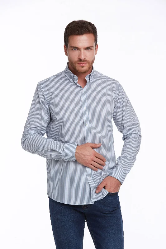 Comfort Fit Long Sleeve Striped Cotton Casual Shirt, Blue C