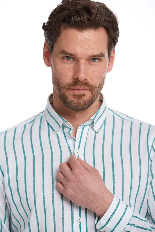 Comfort Fit Long Sleeve Striped Cotton Casual Shirt, Green C.