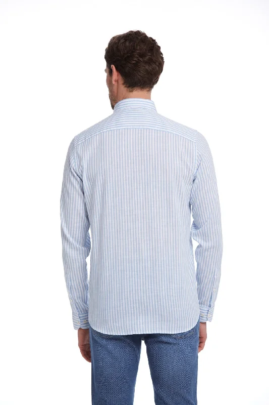 Comfort Fit Long Sleeve Striped Cotton Casual Shirt, Light Blue C 1