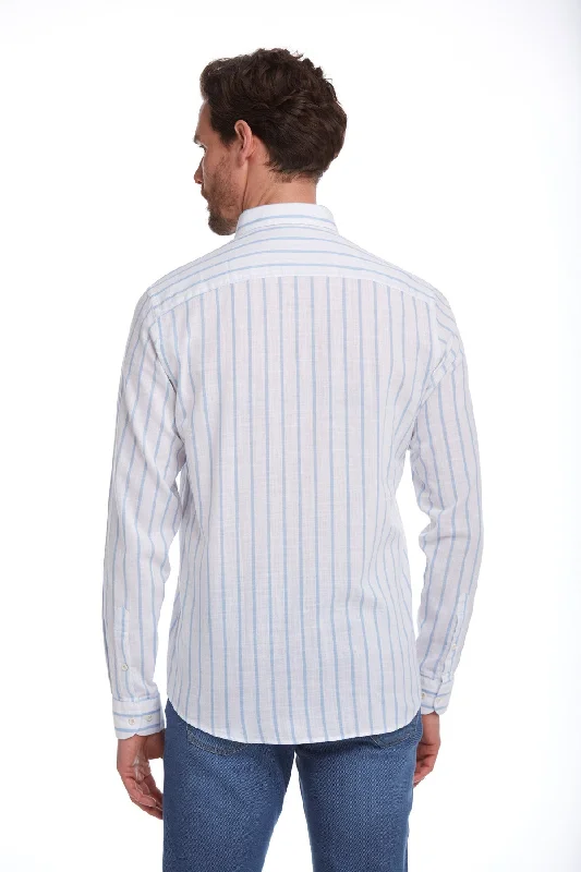 Comfort Fit Long Sleeve Striped Cotton Casual Shirt, Light Blue C