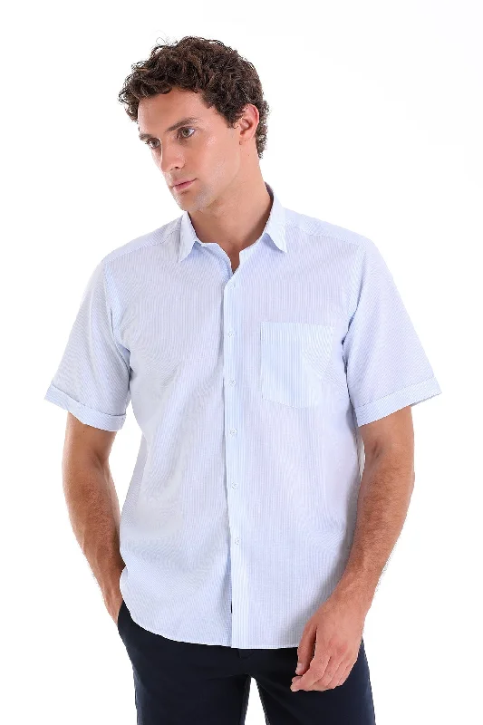 Comfort Fit Short Sleeve Checked Cotton Blend Dress Shirt, Light Blue C