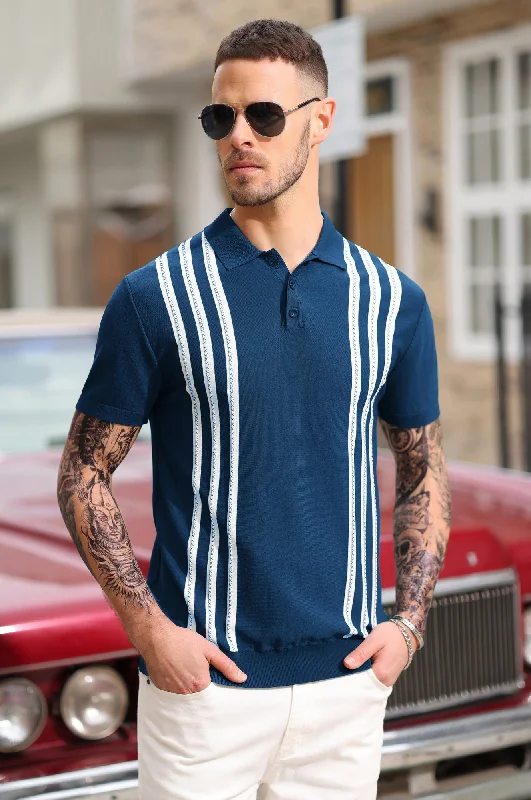 PJ Paul Jones Men's Vintage Stripe Knitted Polo Pullover Shirts Short Sleeve Golf Knit Mens Polo Shirt