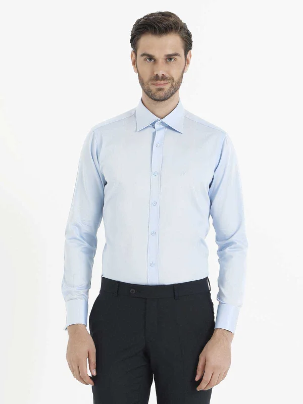 Slim Fit French Cuff Plain Cotton Blend Tuxedo Shirt, Light. Blue