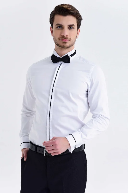 Slim Fit French Cuff Plain Cotton Tuxedo Shirt, White