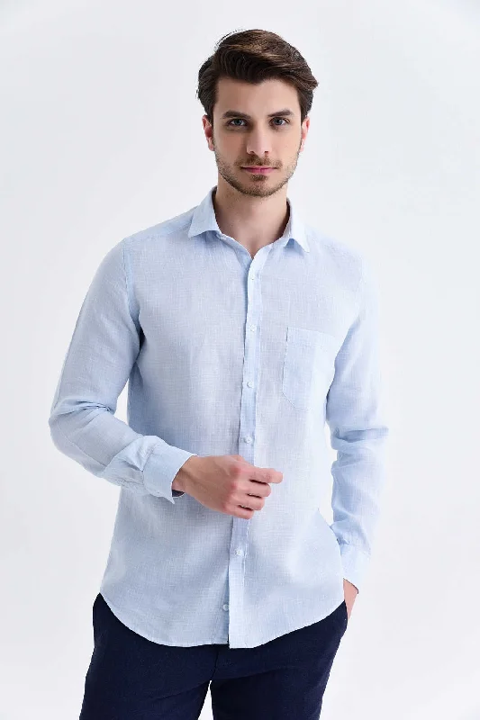 Slim Fit Long Sleeve Checked Linen Casual Shirt, Light Blue K.7