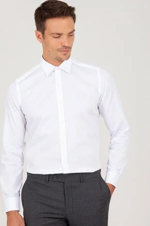 Slim Fit Long Sleeve Patterned Cotton Dress Shirt, White D. 1