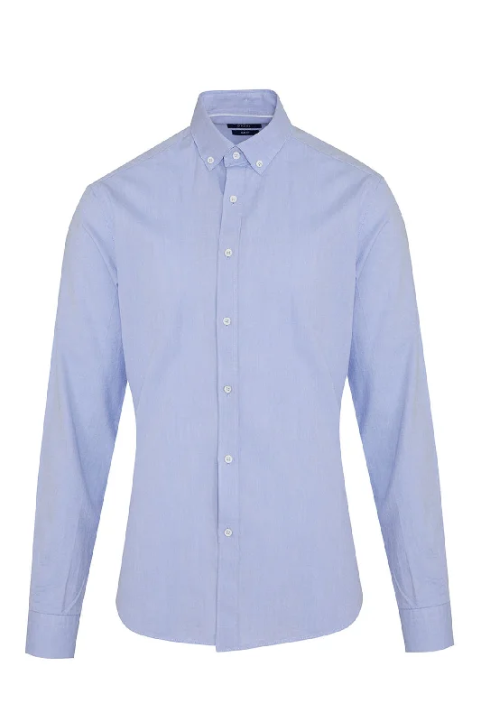 Slim Fit Long Sleeve Plain Cotton Casual Shirt, Blue