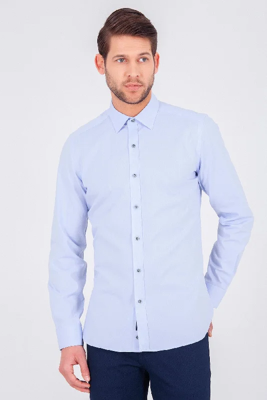 Slim Fit Long Sleeve Plain Cotton Casual Shirt, Ice Blue