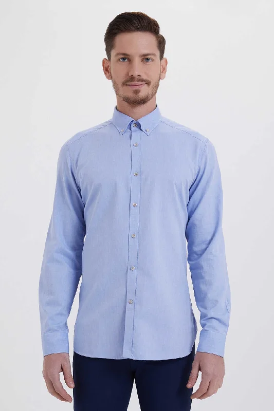 Slim Fit Long Sleeve Plain Cotton Casual Shirt, Light Blue 1