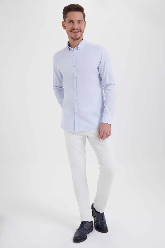 Slim Fit Long Sleeve Plain Cotton Casual Shirt, Light Blue 2