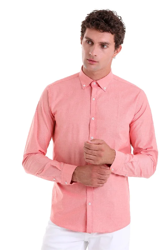 Slim Fit Long Sleeve Plain Cotton Dress Shirt, Orange