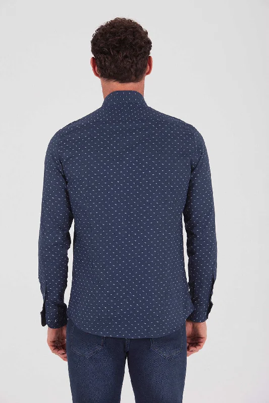 Slim Fit Long Sleeve Printed Cotton Blend Casual Shirt, Navy B1