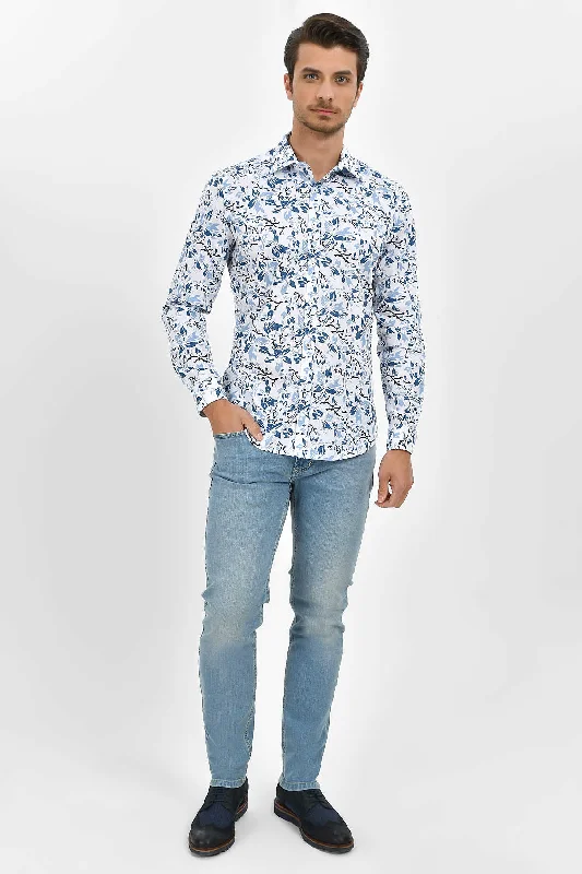 Slim Fit Long Sleeve Printed Cotton Casual Shirt, Blue B