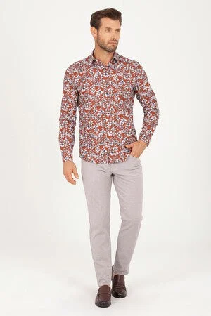 Slim Fit Long Sleeve Printed Cotton Casual Shirt, Brown B.