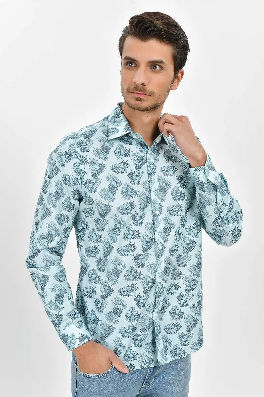 Slim Fit Long Sleeve Printed Cotton Casual Shirt, Mint B.