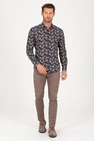 Slim Fit Long Sleeve Printed Cotton Casual Shirt, Navy B.