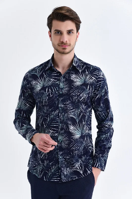 Slim Fit Long Sleeve Printed Cotton Casual Shirt, Navy B.