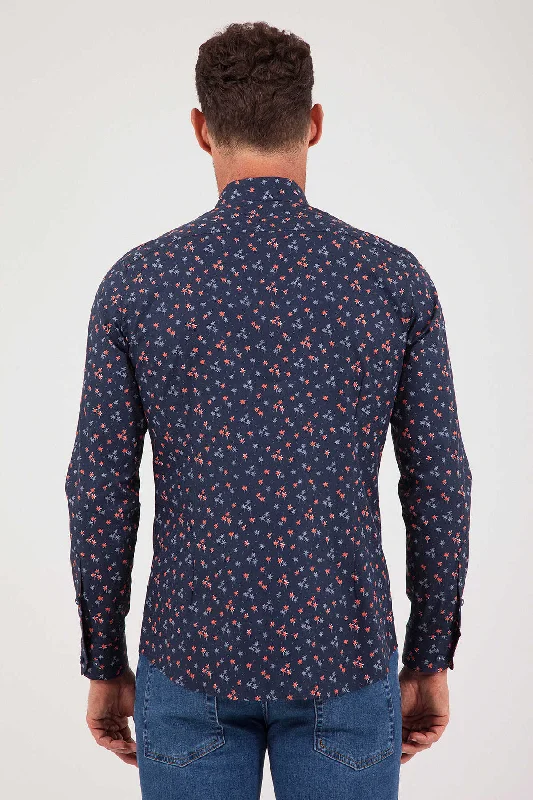 Slim Fit Long Sleeve Printed Cotton Casual Shirt, Navy B2