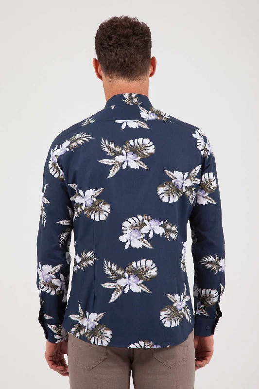 Slim Fit Long Sleeve Printed Cotton Casual Shirt, Navy B5