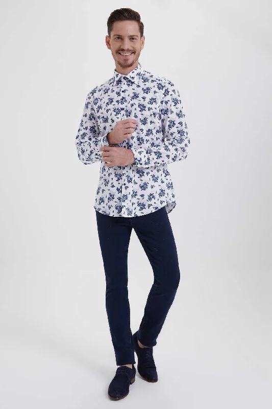 Slim Fit Long Sleeve Printed Cotton Casual Shirt, White B1