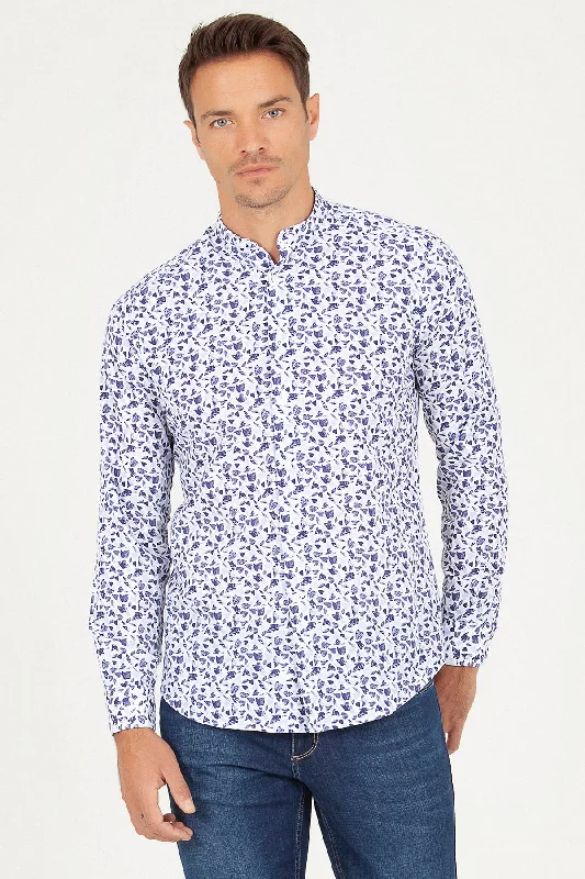 Slim Fit Long Sleeve Printed Linen & Cotton Blend Casual Shirt, Navy B.