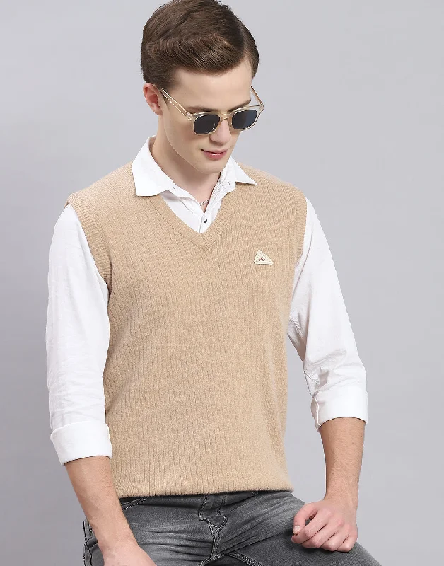 Men Beige Solid V Neck Sleeveless Sweater