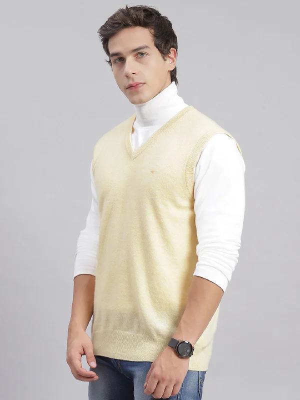 Men Beige Solid V Neck Sleeveless Sweaters/Pullovers