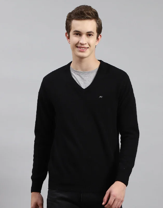 Men Black Solid V Neck Full Sleeve Pullover