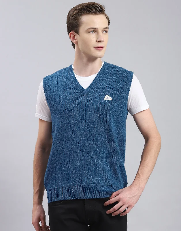 Men Blue Solid V Neck Sleeveless Sweater