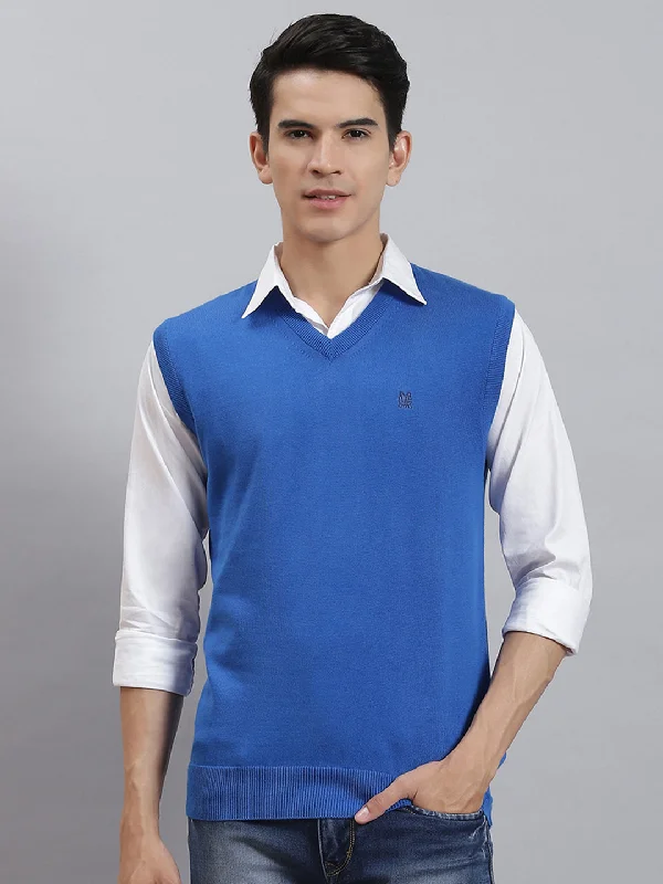 Men Blue Solid V Neck Sleeveless Sweaters/Pullovers