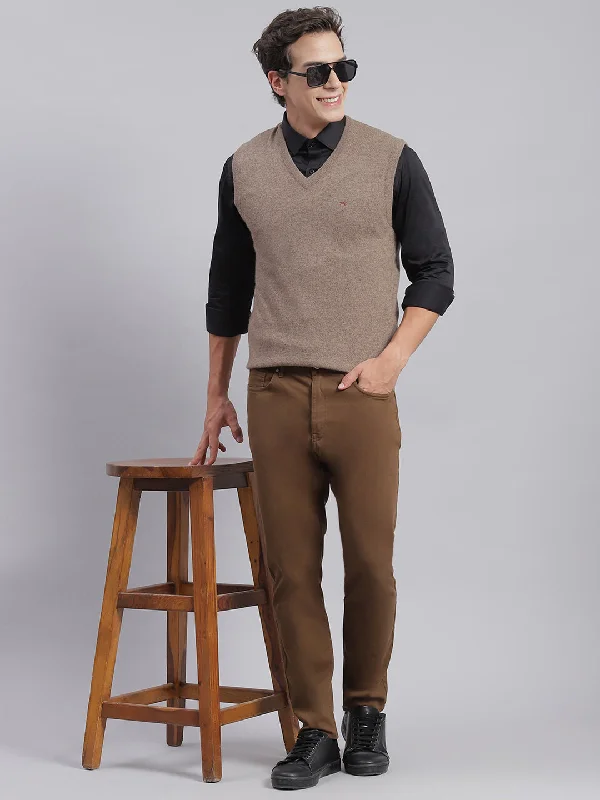 Men Brown Solid V Neck Sleeveless Sweaters/Pullovers