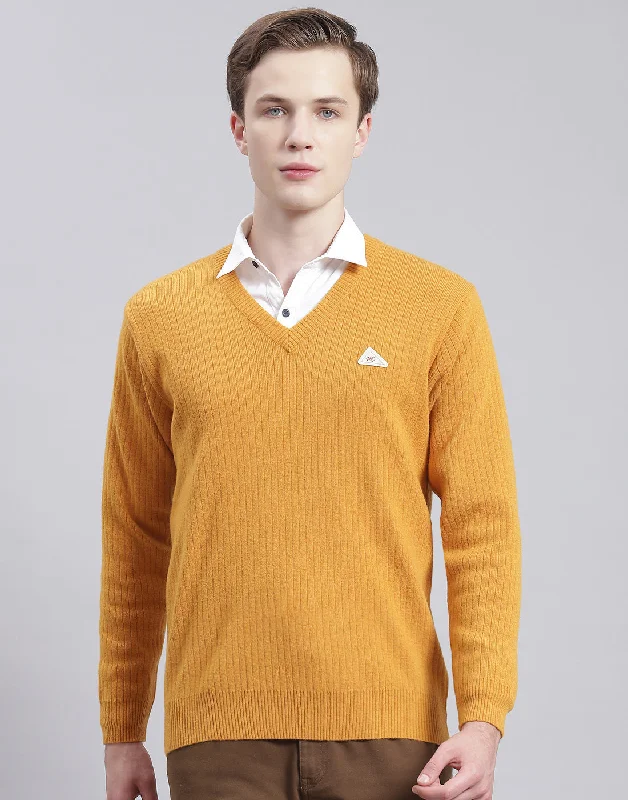 Men Mustard Solid V Neck Full Sleeve Sweater