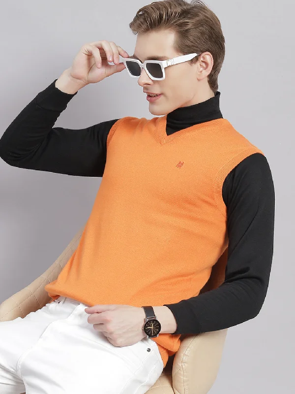 Men Orange Solid V Neck Sleeveless Sweaters/Pullovers