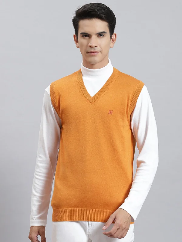 Men Orange Solid V Neck Sleeveless Sweaters/Pullovers