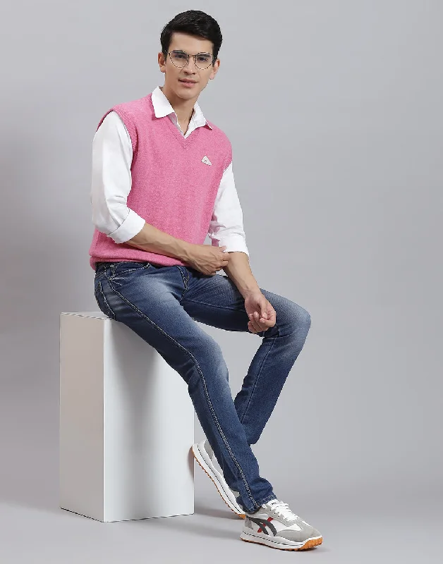 Men Pink Solid V Neck Sleeveless Sweater Rugged Men's Outdoor  Rugged Men's Outdoor 