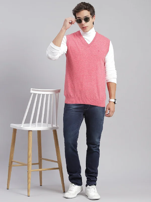 Men Pink Solid V Neck Sleeveless Sweaters/Pullovers