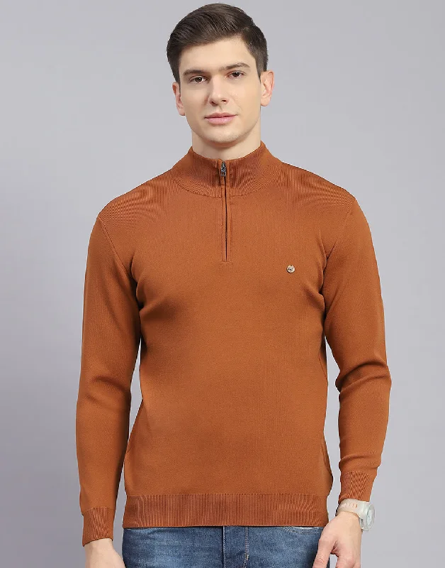 Men Rust Solid H Neck Full Sleeve Sweater