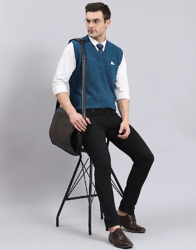 Men Turquoise Blue Solid V Neck Sleeveless Sweater Refined Men's Classic Refined Men's Classic Men Turquoise Blue Solid V Neck Sleeveless Sweater Refined Men's Classic Refined Men's Classic