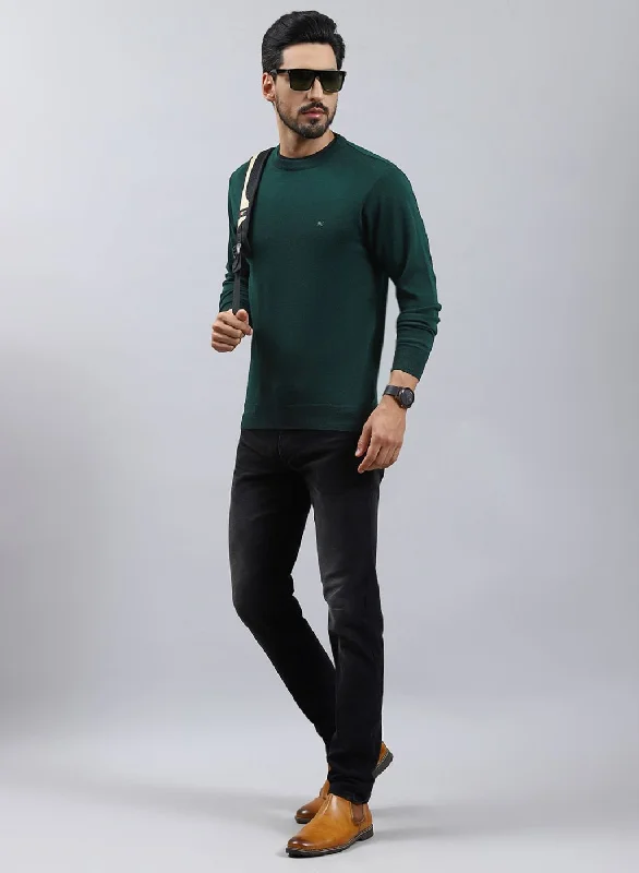 Men Green Solid Pure wool Pullover