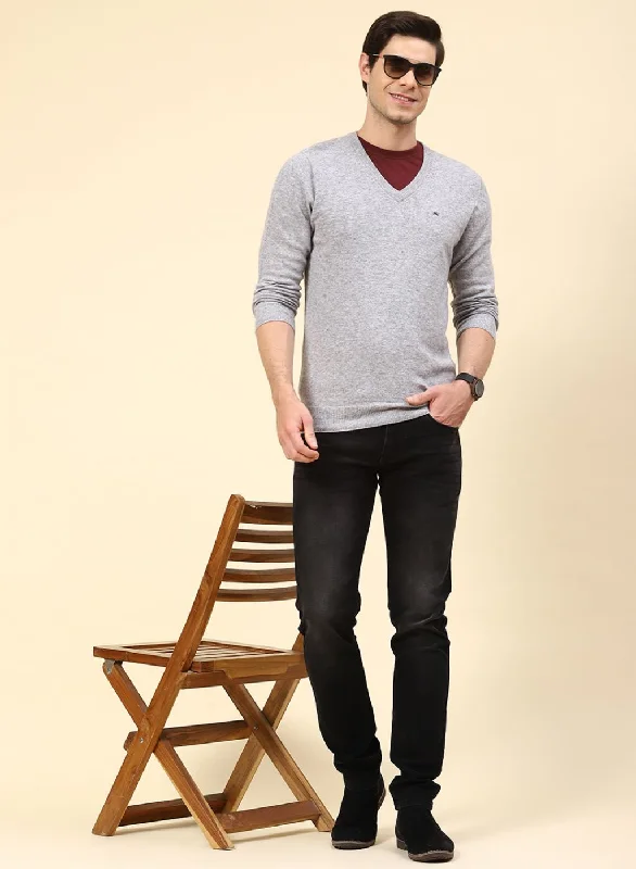 Men Grey Solid Lamb wool Pullover