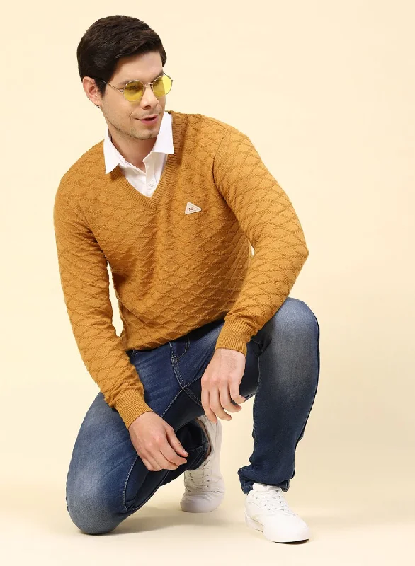 Men Mustard Self Design Wool blend Pullover