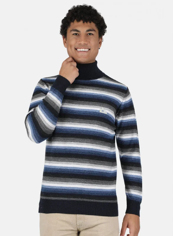 Men NAvy Blue Self Design Pullover