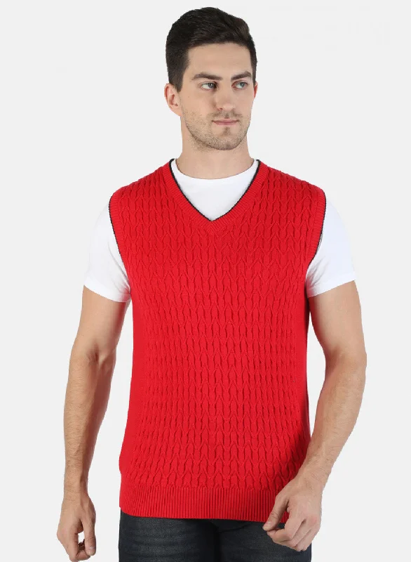 Men Red Self Sweater