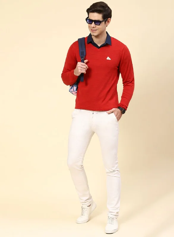 Men Red Solid Wool blend Pullover